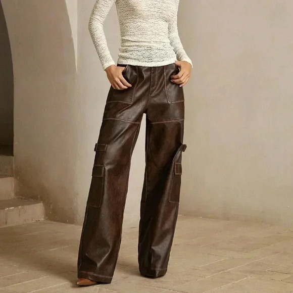 Pants - Coffee Brown Casual Women's Merlot Vintage Distressed Faux Cargo Pants